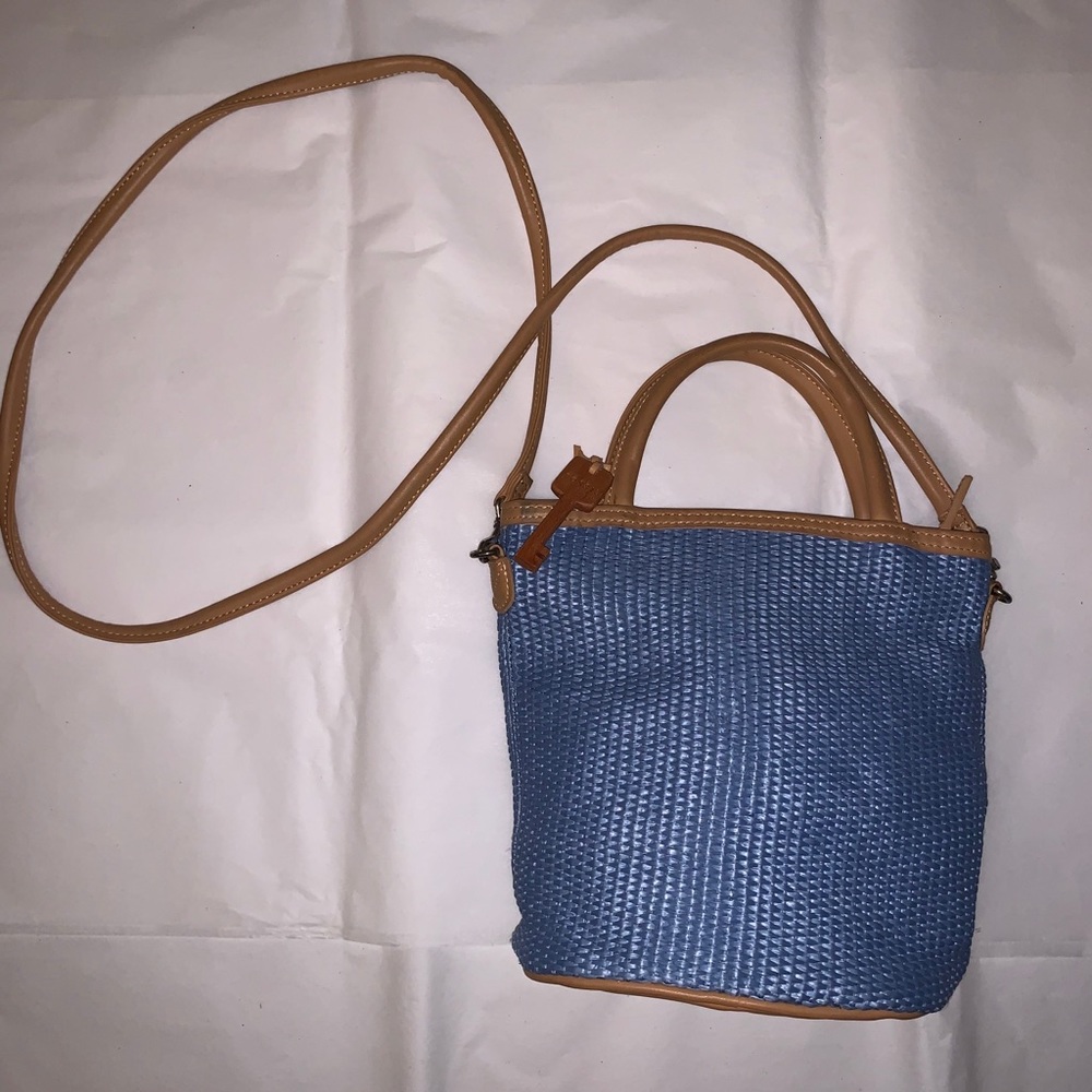 VTG Fossil Straw Leather Tote BLUE Brown Small